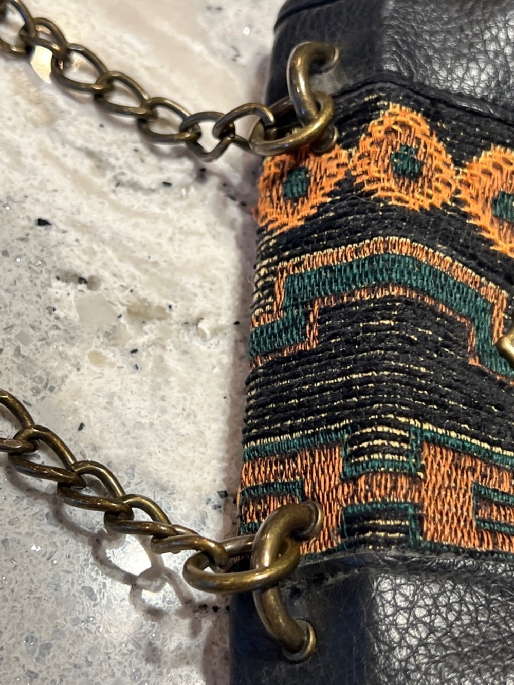 Icing Black Leather & Rust Patterned Tapestry Crossbody Chunky Brass Hardware - Picture 6 of 12